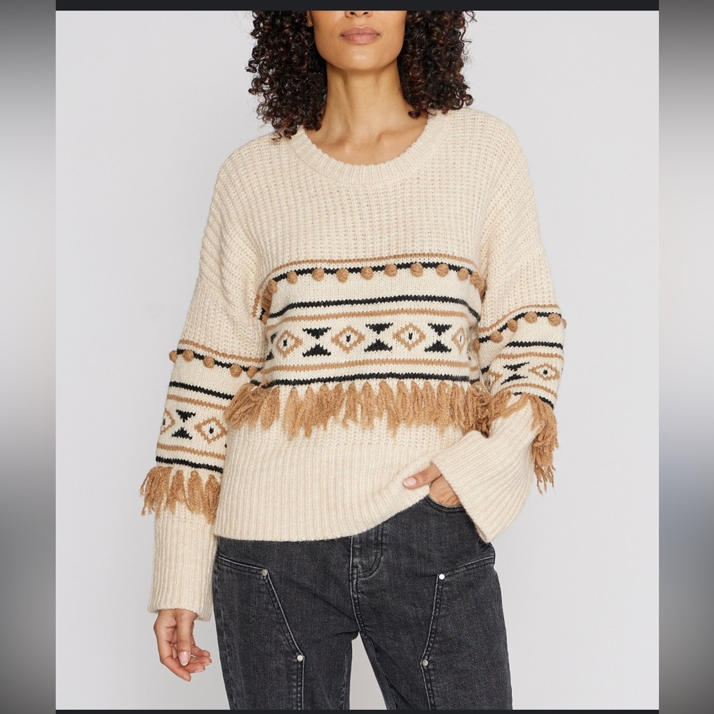 Driftwood Geometric 3D Tassel PomPom Knit Crew Neck Long Sleeve Pullover Sweater